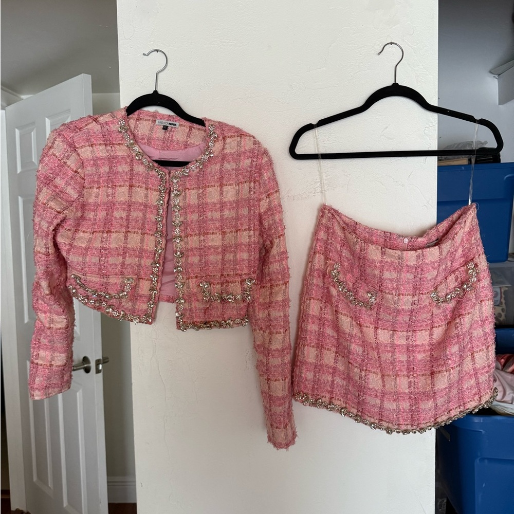 Pink Plaid Tweed Jacket and Skirt Set
